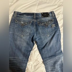 Miss Me medium wash distressed embellished straight leg jeans Size 33x31